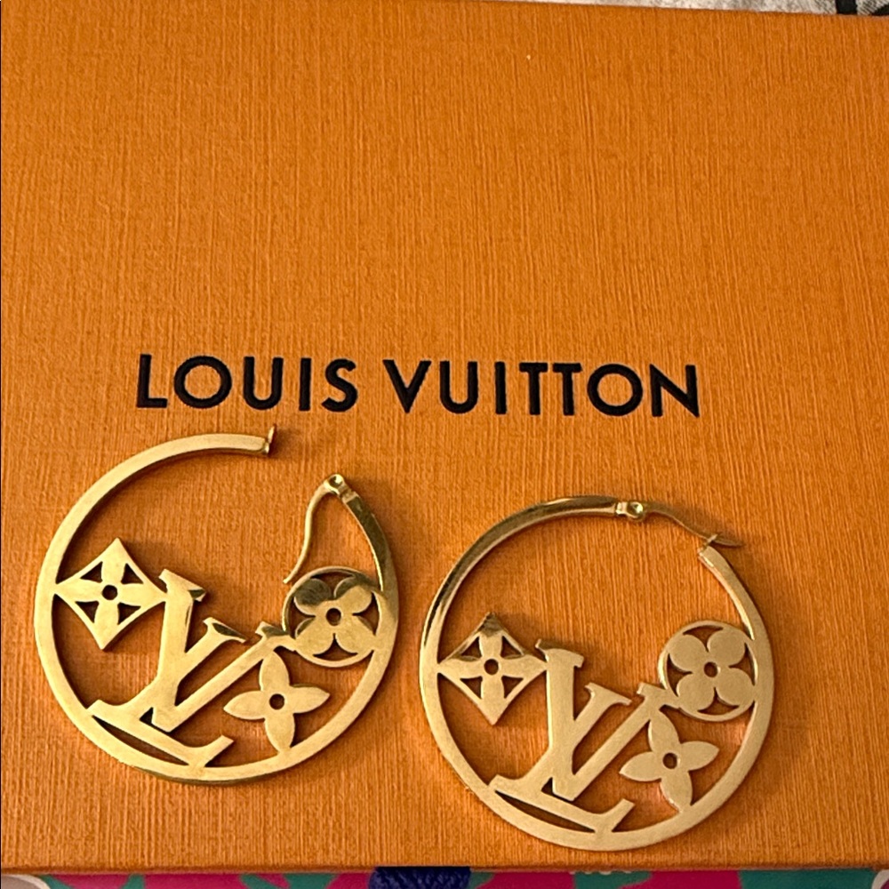 Louis Vuitton Gold Logo Cutout Hoop Earrings